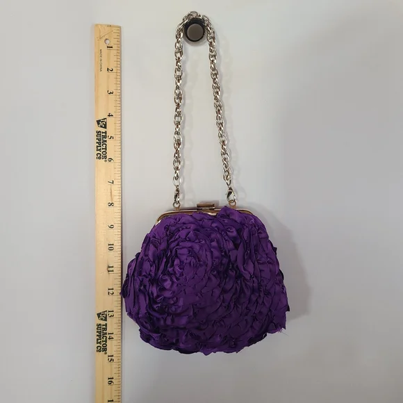 White House Black Market Purple Ruffle Rosette Satin Clutch Bag - Picture 5 of 6